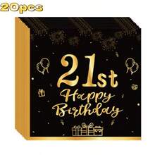 Birthday Greeting Pattern Napkins With Golden Seals, Suitable For People Aged 18/21/30/40/50/60. Disposable Party And Gathering Paper With Patterns, 20 Sheets Per Pack. - Black - View 15