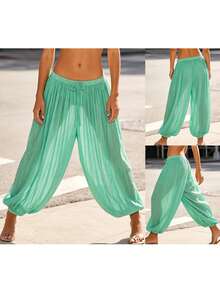 Womens Summer Lantern Pants Casual Loose Fit Stylish Solid Color Drawstring Mid Rise Trousers - Mint Green - View 6
