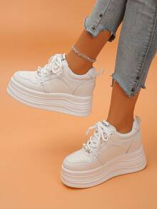 Women's Platform Sneakers, Solid Color Casual Outdoor Lace-Up Lightweight Soft Bottom Elevator Shoes, Fashion Versatile Leisure Ladies Shoes For Outdoor,Trainers Women - White - View 5