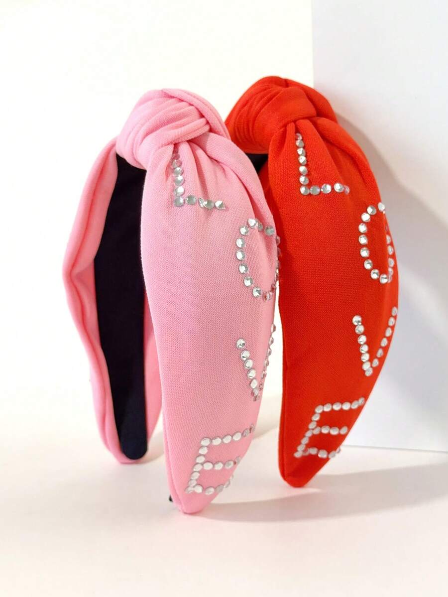 1pc Women's Headband, European And American Style, Valentine's Day LOVE Letter Design, Fashion Wide Brim Knotted Pearl Rhinestone Top Knot Hair Hoop Accessory, Hairband Valentine's Day Accessories Gift - Multicolor - View 1
