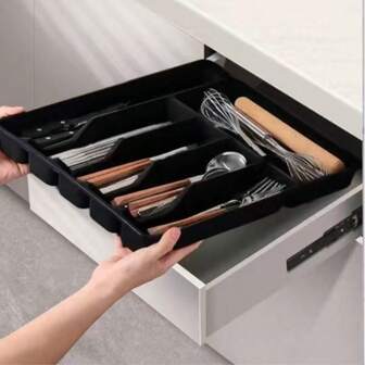 1 pieza Organizador de cajón de cubiertos expandible, Soporte de utensilios, Caja de almacenamiento de plástico ajustable para cucharas, tenedores, cuchillos, tamaño grande, Organizador de cubiertos, Caja de almacenamiento de cocina