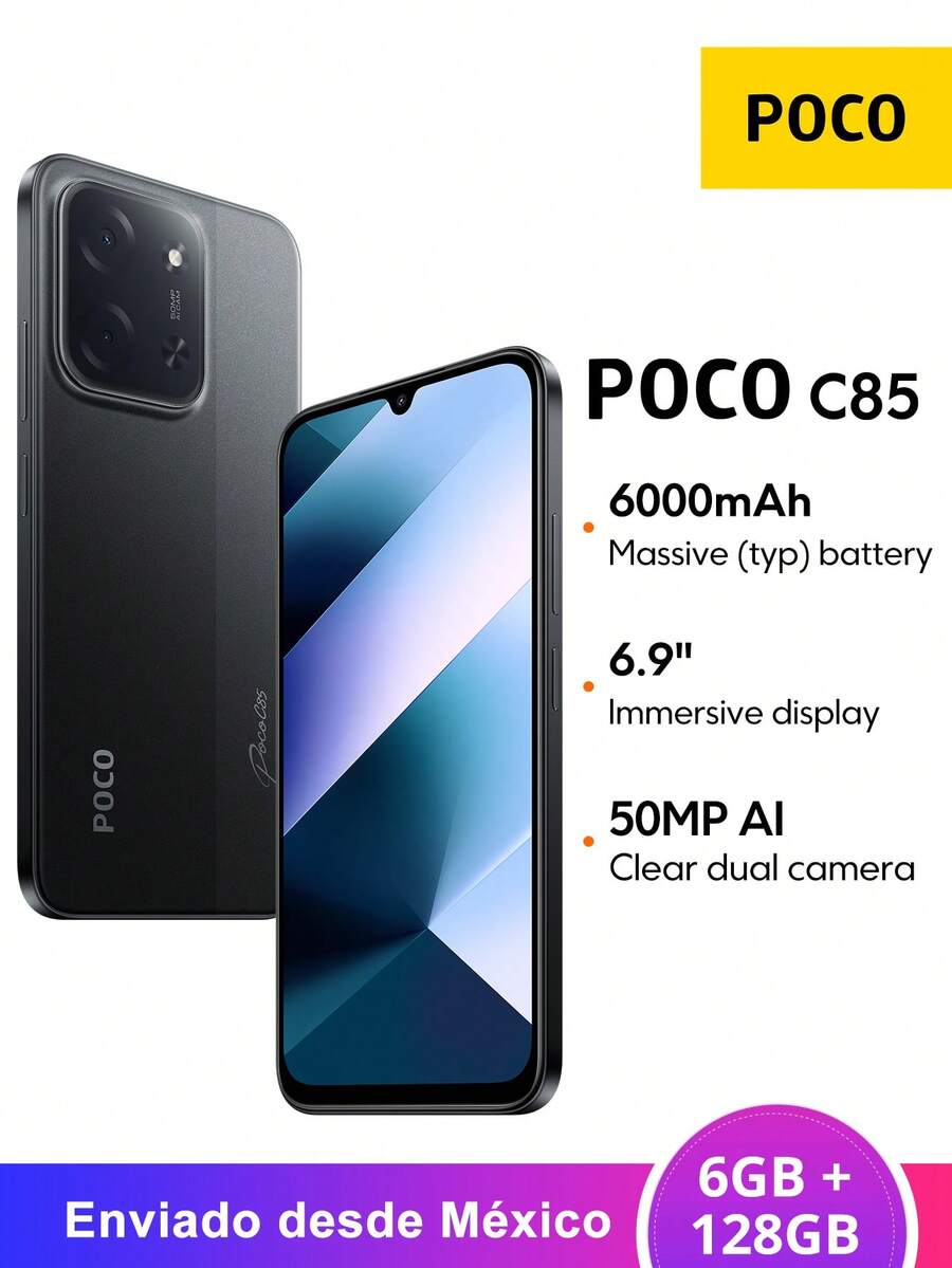 Xiaomi Smartphone POCO C85 NFC 6GB + 128GB  Pantalla Dot Drop de 6,9" Frecuencia de actualización de 120 Hz 6000 mAh (típica) Batería Carga rápida de 33 W Cámara principal de 50 MP Desbloqueo facial con IA Resistente a salpicaduras, agua y polvo IP64 *EU Charger - Negro - Ver 1