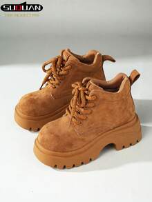 2026春秋新款女士复古厚底靴，前系带增高锯齿鞋底，英伦风踝靴，百搭显瘦增高，四季通勤鞋 - 焦糖色 - 查看 9