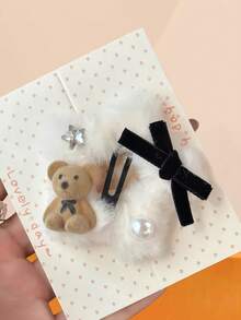 4pcs/Set Soft Cute Star Knitted Felt Hair Clips Set, Including Velvet Bow, Rhinestone Star, And Round Pearl - Suitable For Girls And Women, Can Match Sweet, Fresh, And Fashionable Styles, Suitable For Daily Wear And Party - Multicolor - View 4