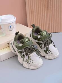 1 Pair Unisex Children's Casual Sports Shoes, Comfortable Non-Slip Durable Lightweight Solid Color Minimalist Running Shoes, Suitable For All Seasons. With Molded Insole, Hook And Loop Closure For Easy Wear, Classic Retro Chunky Sneakers Design, EVA Outsole For Leisure, Campus, Daily Wear, Jogging - Army Green - View 6