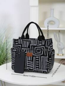 DLIU New Arrival, Corduroy Printed Fabric, Large Capacity Thick Tote Bag, Aluminum Foil Insulation Lining, Half-Zip Closure, Multi-Pocket Outdoor Storage Bag, Lunch Bag, Bento Box Bag, Tote Bag, Organizer Bag, Handbag, Suitable For Work Lunch, Outdoor Picnic, Daily Storage Lunch Box Cooler Bag Waterproof For Women For Men For Picnic For School Back To School - Black - View 3