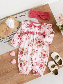 情人节女婴碎花连体衣，甜美可爱，全身饰有小花朵和蝴蝶结领设计，长袖连脚连体衣，配有发带，适合新生儿 - 粉色 - 查看 1