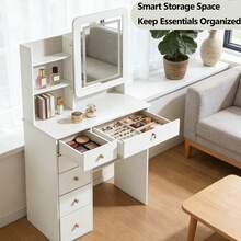 Compact Apartment Vanity Desk With Sliding Mirror - 6 Drawer Storage And Open Rack - Space-Saving Design Ideal For Small Bedrooms And Christmas Gifting - White - View 5