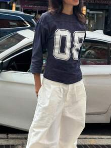 FQLWL Summer Street Fashion Retro Long Sleeve Top, Women's Printed T-Shirt, Outdoor Wear, Back To School Season Women Clothing - Blue - View 8