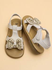 2026 米色复古甜美女童凉鞋，米色柔软PU材质+格子蝴蝶结，浅棕色软底，防滑可调节搭扣，定义女童轻复古艺术风平底凉鞋！ - 杏色 - 查看 5