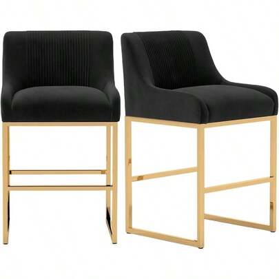 24 Velvet Counter Height BarStools Set Of 2 Modern Bar Stools With Metal Frame Low-Back Bar Stools With Back Plated Metal Leg Gold Barstools For Kitchen Counter Black