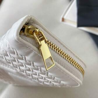 奢华编织纹理拉链钱包，黑白菱形压纹大容量钱包