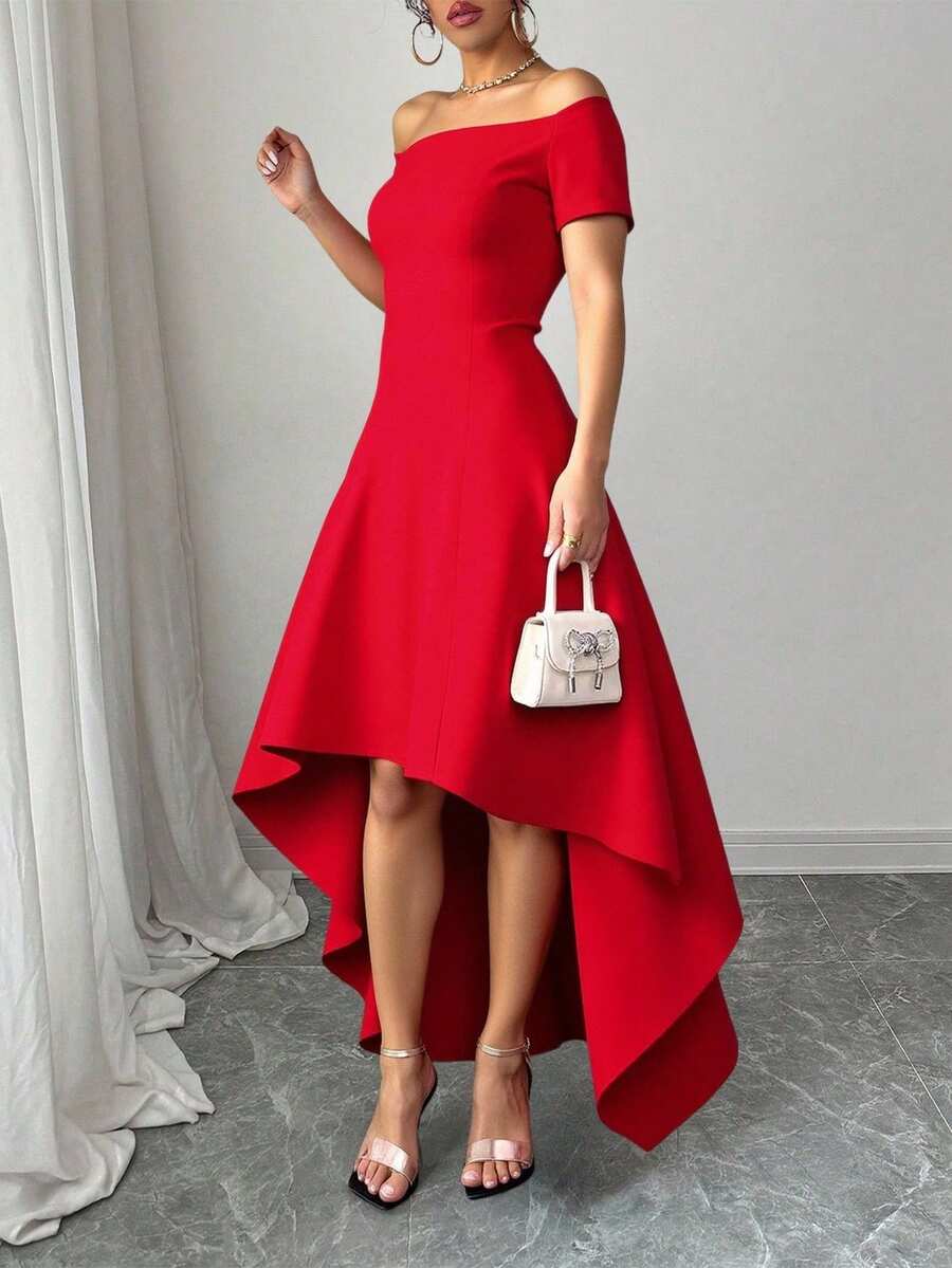 Vestido de Cóctel "Cola de Pato" con Escote Bardot - Rojo - Ver 1