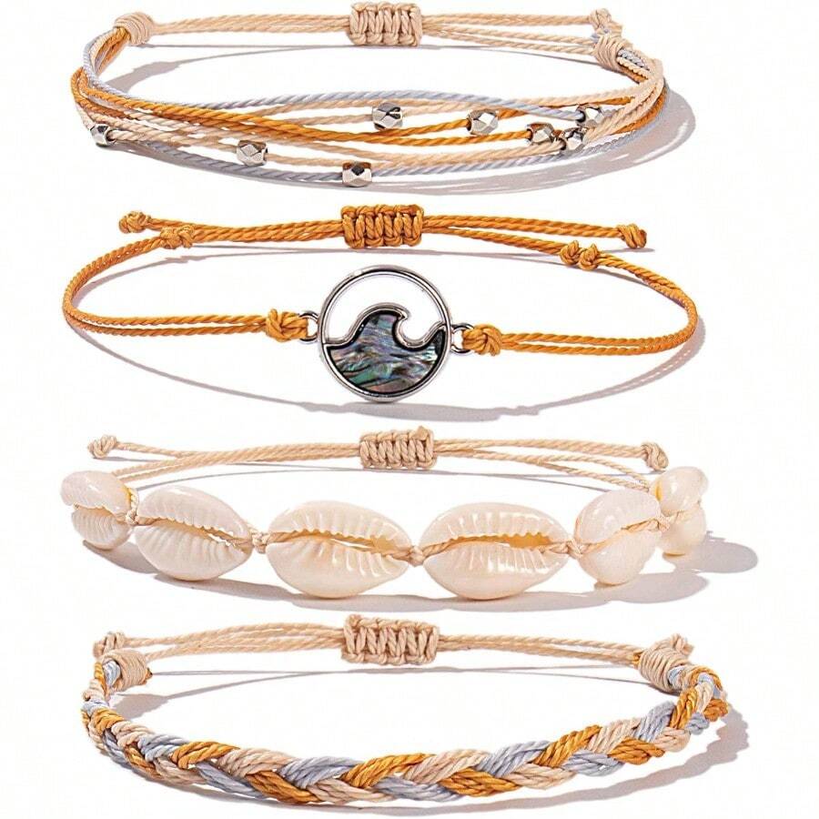 FANCY SHINY Wave String Bracelets Braid Puka Shell Bead Bracelets Handmade Cute Boho Easter Jewelry Gifts For Women - Dark Orange - 查看 1