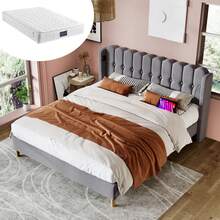 Upholstered Double Bed With USB Type-C Charging Function, Bed Frame With Slatted Base, Upholstered Bed In Grey, 140 X 200 Cm Bed Frame, Youth Bed For Bedroom/Guest Room - Linen Material (With Mattress) - Grey - View 9