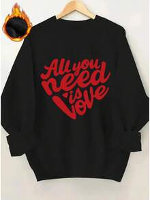 2026 New Year Cotton Sweatshirt For Women Pink 'All You Need Is Love' Red Cursive Letter Hoodie - Thick Pullover Sweater With Heart Decoration, Pink And Red Valentine's Day Sweater, Casual Winter Wear, Machine Washable Crew Neck Sweater (Do Not Tumble Dry) - Mature Style Loose And Comfortable Winter Clothes For Women - 黑色 - 查看 1
