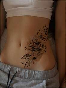 5pcs Black Flower Temporary Tattoos, Waterproof & Sweatproof, Can Be Applied On Various Body Parts, Lasts 5-7 Days, Valentine's Day