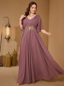 UNITHORSE Vestido de noche de gasa con cuello en V, mangas con volantes y aplicación en la cintura - Rosa vieja - Ver 1