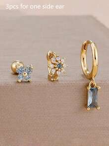 3件套18K镀金浅蓝色锆石蝴蝶耳钉花朵耳环套装，12星座不锈钢耳环，低过敏性耳骨穿刺饰品，情人节、妈妈、母亲节礼物 - 金-16# - 查看 3