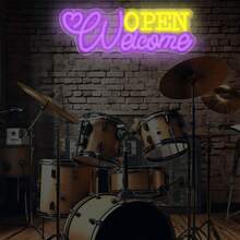 1 Stück Willkommen Offen Neon Schild, Geschäft Willkommen Schild, LED Schild, Kommerzielle Neon Wanddekoration, Neon Licht Offen Schild mit USB-Stromversorgung, für Gewerbe, Bar, Geschäft, Salon, Hotel - Lila + Zitronengelb - Übersicht 5