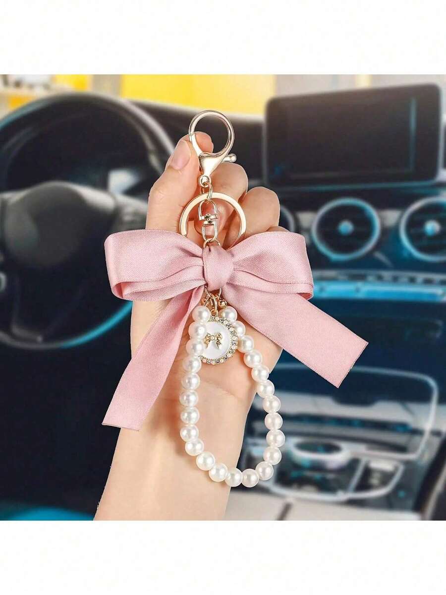 Cute Butterfly Knot Pearl Keychain, New Small Fragrant Style Pearl Butterfly Knot Keychain Pendant Bag Hanging Accessories Phone Hanging Rope, Suitable For Women's Daily Use Gifts, Wedding Parties - 粉色 - 查看 1