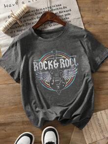 Camiseta de manga corta con estampado de letra de guitarra, talla grande, casual de verano - Gris Oscuro - Ver 2