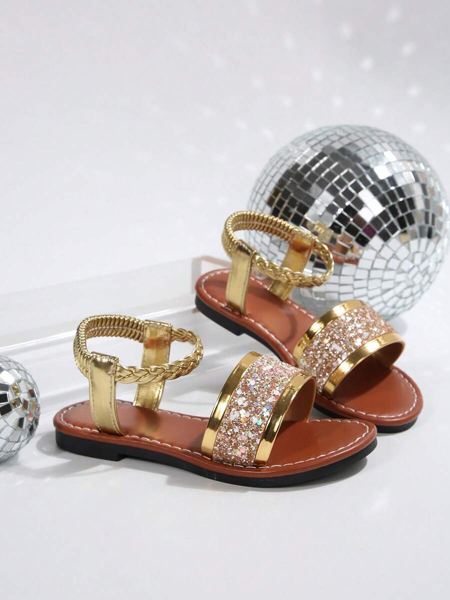 儿童金色亮片凉鞋，女童露趾软底亮片装饰休闲拍照鞋 - 香檳色 - 查看 1