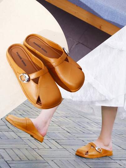 Slingback Mule Shoes For Women With Metal Buckle, Open Toe, Thick Sole New Fashion Backless Loafers, Casual Slingback Shoes, Soft Bottom, Anti-Slip Sandals Retro Mary Jane Shoes With Ankle Strap, Low Heel, Round Toe, Comfortable College Style Shoes