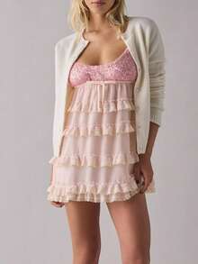 Women's Sequin-Paneled Spaghetti Strap Dress Ruffle Sleeveless Mini Lace-Up Dress Valentine's Day Spring Summer Cute Dresses - Pink - View 3
