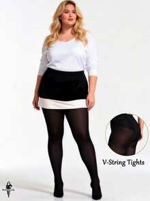 120D V-String Tights, Women Plus Size Black Pantyhose, Sheer, Versatile & Fashionable, Stretchy, Suitable For Spring/Summer, Valentine's Day Outfit, Stylish, Comfortable