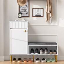 Moderner Schuhschrank Mit Sitzbank, 1 Tür, 1 Schubladen, 1 Offenen Ablagefächern, Gepolstert; White, Mass:100*35*82.2cm (B*T*H) - White - View 2