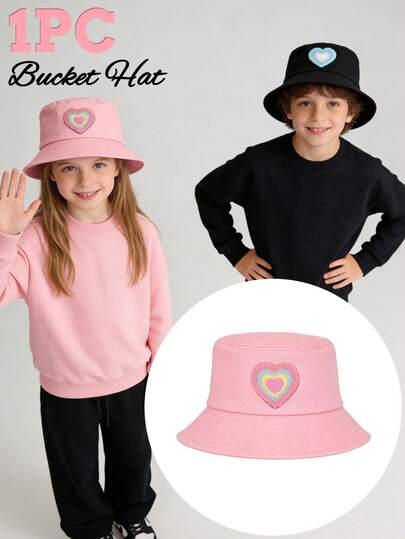 1pc Kids' Pink/Black Gradient Heart Pattern Bucket Hat, Cute & Fashionable, Lightweight Sun Protection, Suitable For Spring/Summer, Practical Gift For Birthday, Holiday, Boys & Girls