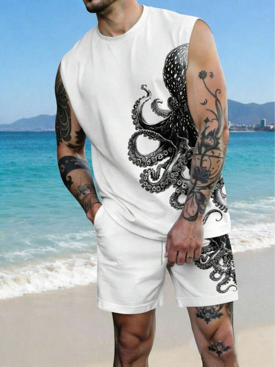 男士章鱼印花无袖背心短裤套装，夏季 - 彩色 - 查看 1