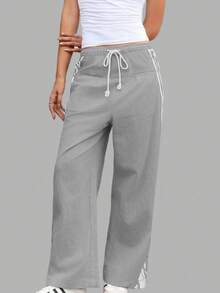 Women's High Waist Baggy Wide Leg Track Pants Drawstring Striped Palazzo Pants With Pockets - 淺灰色 - 查看 1