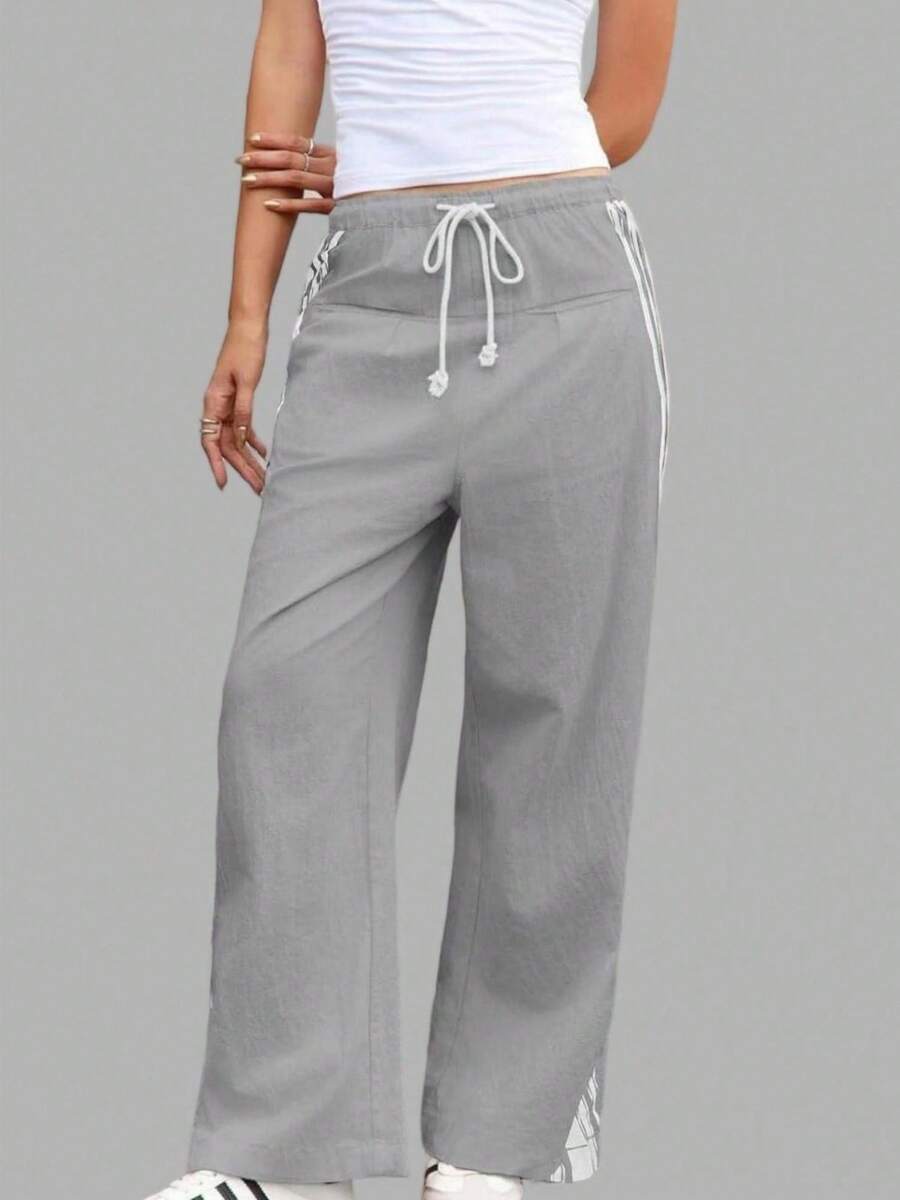 Women's High Waist Baggy Wide Leg Track Pants Drawstring Striped Palazzo Pants With Pockets - 淺灰色 - 查看 1