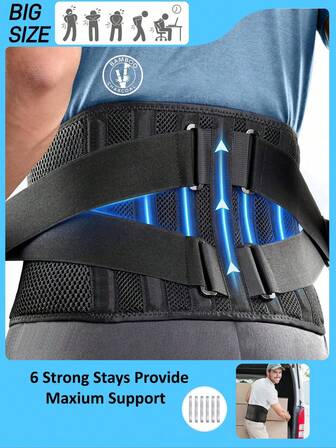 男女可调节透气网状背部支撑带 - 腰部支撑带 6 个支撑点，防滑设计，适合工作和日常使用，健身房配件腰带