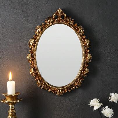 1 chiếc gương trang trí treo tường hình oval màu vàng kim loại, làm từ chất liệu nhựa, kiểu dáng châu Âu, thích hợp để trang trí nhà cửa, làm gương trang điểm hoặc dùng làm đạo cụ chụp ảnh.