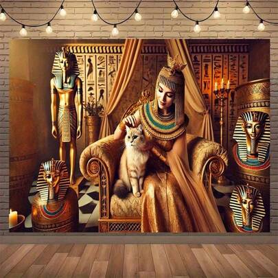 2D平面单幅横幅：女王猫美背景涤纶旗帜，古埃及主题，适用于房间和摄影工作室装饰，适合家庭、派对、工作室和户外庆典，多功能悬挂装饰，花园装饰 | 古埃及设计 | 耐用涤纶猫咪装饰