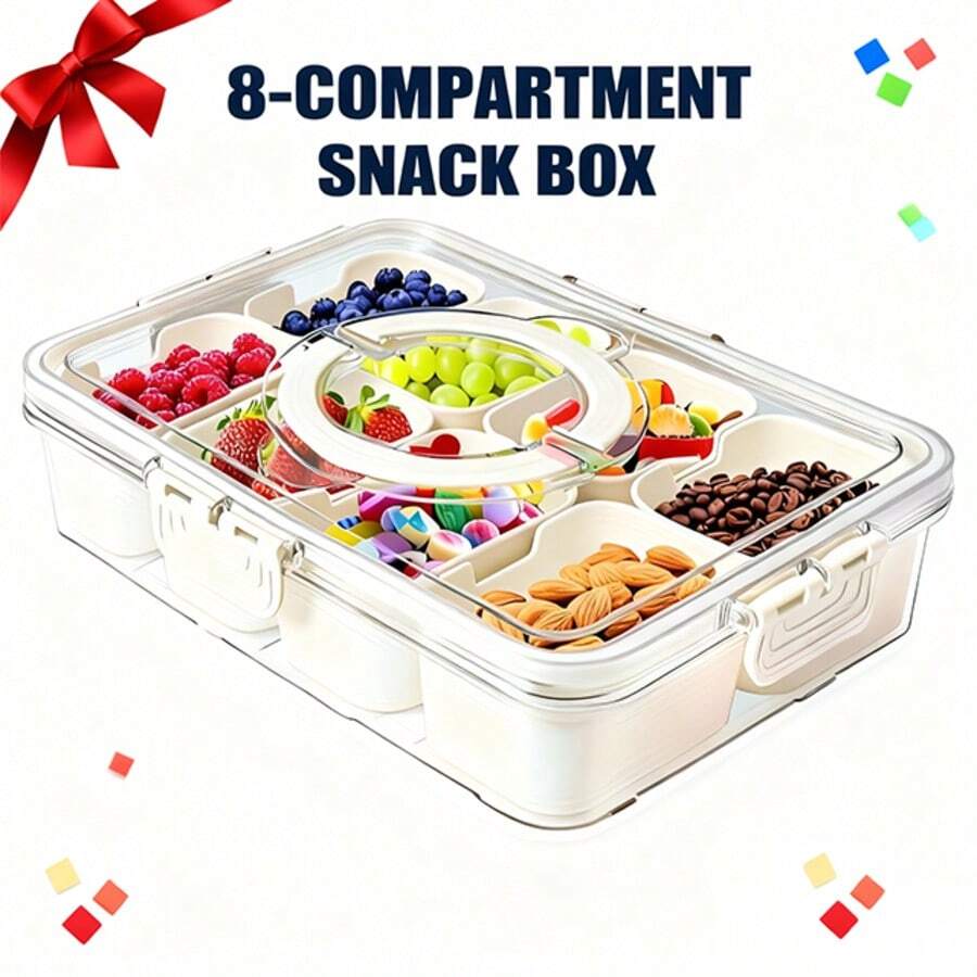 8-Fach Transparente Snackbox mit Deckel und Griff - Hergestellt aus PP Material, auslaufsicher, spülmaschinen- und mikrowellengeeignet, bruchsicher - Weiße transparente Unterteilung, geeignet zum Aufbewahren von Obst, Gemüse, Süßigkeiten und Nüssen - Tragbares Design, ideal für Partys, Reisen, Schule, Camping, Büro und Picknicks - Perfekt für Mahlzeitenvorbereitungen und zum Mitnehmen von Snacks