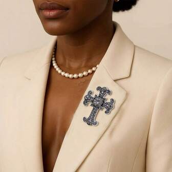 1pc Vintage European Cross Brooch, Grey Crystal Inlaid, Baroque Style Women Collar/Scarf Pin, Religious Jewelry