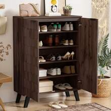Sideboard, Modern Schuhschrank Mit 5 Fächern In Dunkler Holzmaserung – Mass 80 X 35.5 X 110 Cm, Verstellbare Einlegeböden - Coffee Brown - View 5