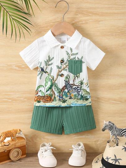 2pcs Baby Boy Casual Cute White Collar Button-Up Pocket Short Sleeve Animal & Tree Print Top And Green Shorts Set, Summer