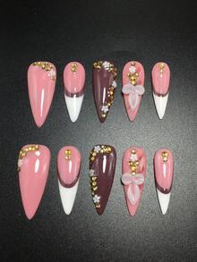 Each Set Consists Of 10 Pieces Of Handmade Y2K Fine High-Heeled Acrylic Nail Plates, Designed In French Style With Rhinestones And Petal Decorations, Available In Multiple Tones And Nude Colors. 3 Sizes To Fit, Suitable For Christmas, Parties, Dances, And Daily Wear. Comes With A Nail Kit, Making It An Ideal Press On Nails Gift For Ladies And Girls. - Multicolor - View 2
