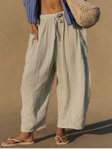 Womens Striped Wide Leg Pants Loose Fit Elastic Waisted Drawstring Trousers Comfortable Casual Daily Wear - 杏色 - 查看 2