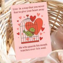1pc Inspirational Quote Card With Envelope (11cm16cm & 4.33in6.29in) - "Live In A Way That You Never Fear To Give Your Heart Away" On Soft Pink Background With A Green Bird In A Cage And Floating Hearts, Perfect For Encouraging Openness And Emotional Courage, Thoughtful Greeting Card | Motivational Card | Paper Card - Multicolor - View 6
