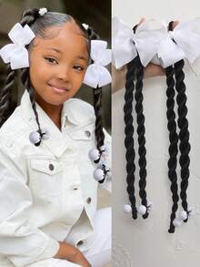 2 Stück bunte Kinder Haarspangen mit Schleife und Zopf, zum Tragen mit Perücken, chinesischer Stil synthetische Haarzubehör, elegant & modisch - Natürliches Schwarz - Übersicht 8