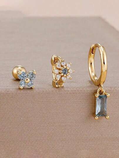 3 Stück 18K vergoldetes Set mit hellblauen Zirkonia Schmetterling Ohrstecker, Blumen Creolen und 12 Sternzeichen Edelstahl Ohrringe, hypoallergen für Knorpelpiercing, Schmuck als Valentinstag, Muttertag, Geschenk für Mutter