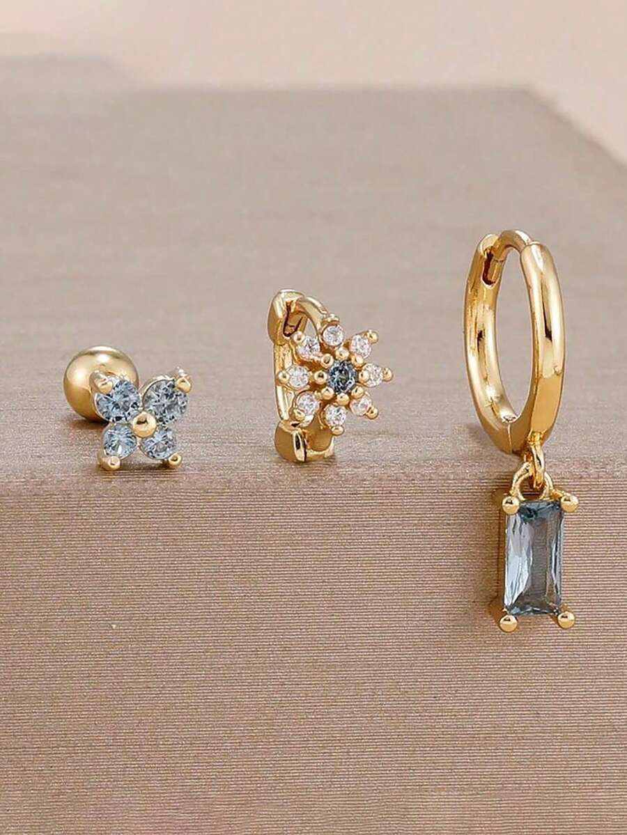 3件套18K镀金浅蓝色锆石蝴蝶耳钉花朵耳环套装，12星座不锈钢耳环，低过敏性耳骨穿刺饰品，情人节、妈妈、母亲节礼物 - 金-16# - 查看 1