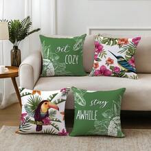 4pcs Tropical Watercolor Floral & Bird Pattern Cushion Covers, Single-Sided Soft Peach Velvet Fabric, 45*45CM Pillow Covers For Home Bedroom Living Room Party Sofa Decor, Decorative Throw Pillow Covers Gift, No Pillow Insert