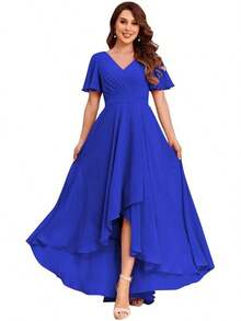 Women's V Neck Bridesmaid Dresses With Sleeves For Wedding Chiffon A-Line Pleated High Low Formal Gown With PocketsHalloween Christmas New Year 2026 - Xanh đậm - Xem 11